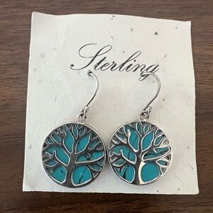 New Tree of Life Sterling Silver & Stabilized Turquoise Round Dangle Earrings